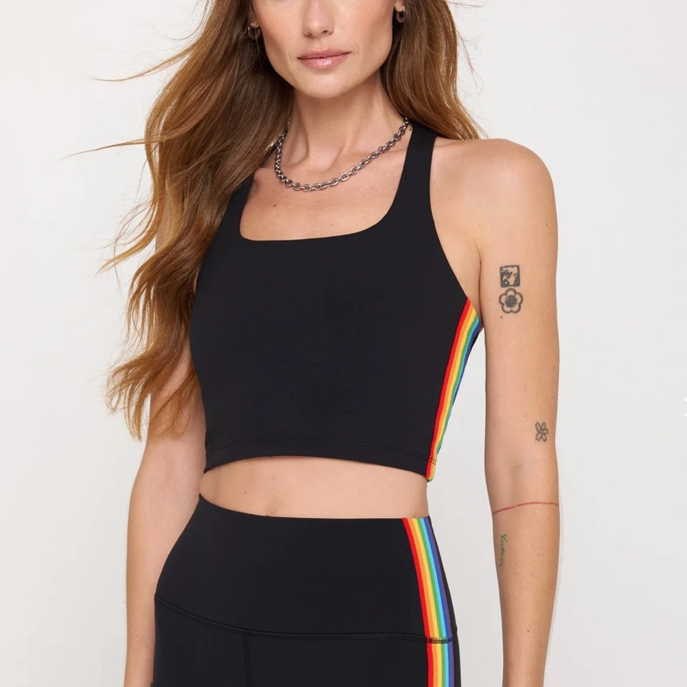 Spiritual Gangster Black Crop Top with Rainbow Side Stripes